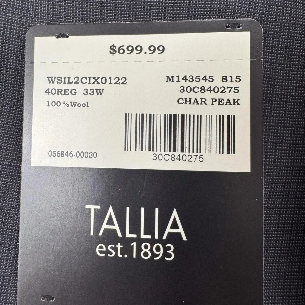 Tallia Suit Mens 40 Regular Gray Check Wool Slim Fit Pants 34x36 New $700